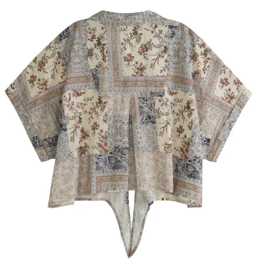 🟠NWT FRYE Cropped Dolman Sleeve Button Tie-Front Top - Neutral Paisley Patchwork - Picture 4 of 6